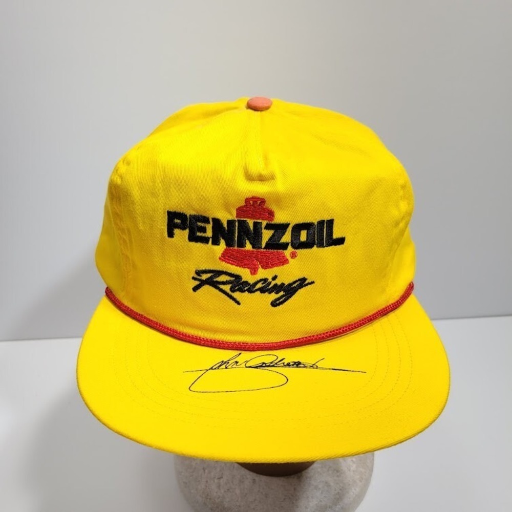 Vintage 90's Pennzoil Racing Hat Signed John Andretti Yellow Strap Back Cap
